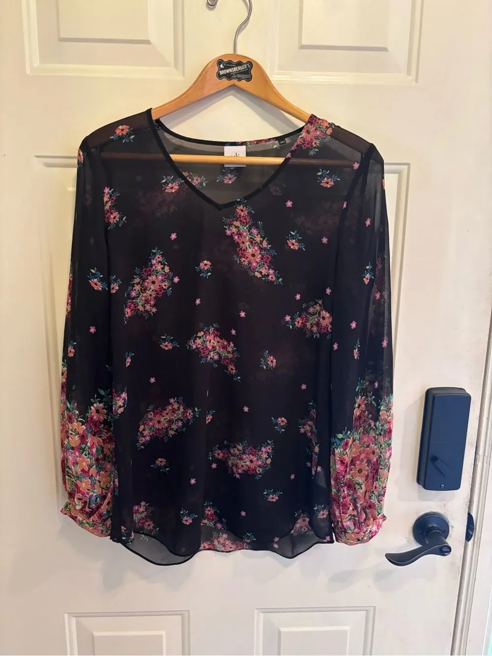 CAbi Black Floral Sheer Boho Blouse